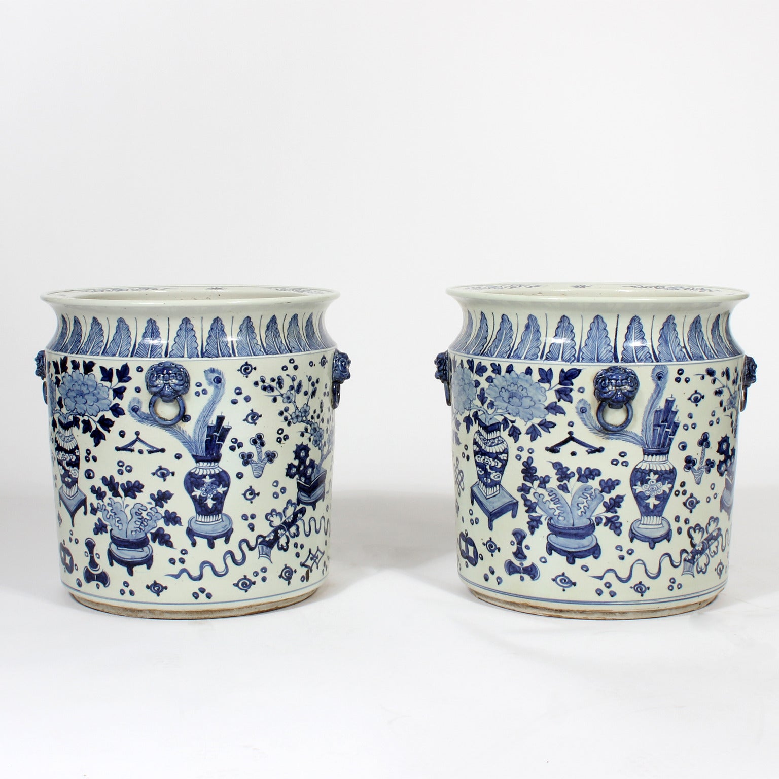 Pair of Large Chinese Export Style Blue and White Jardinieres or Planters