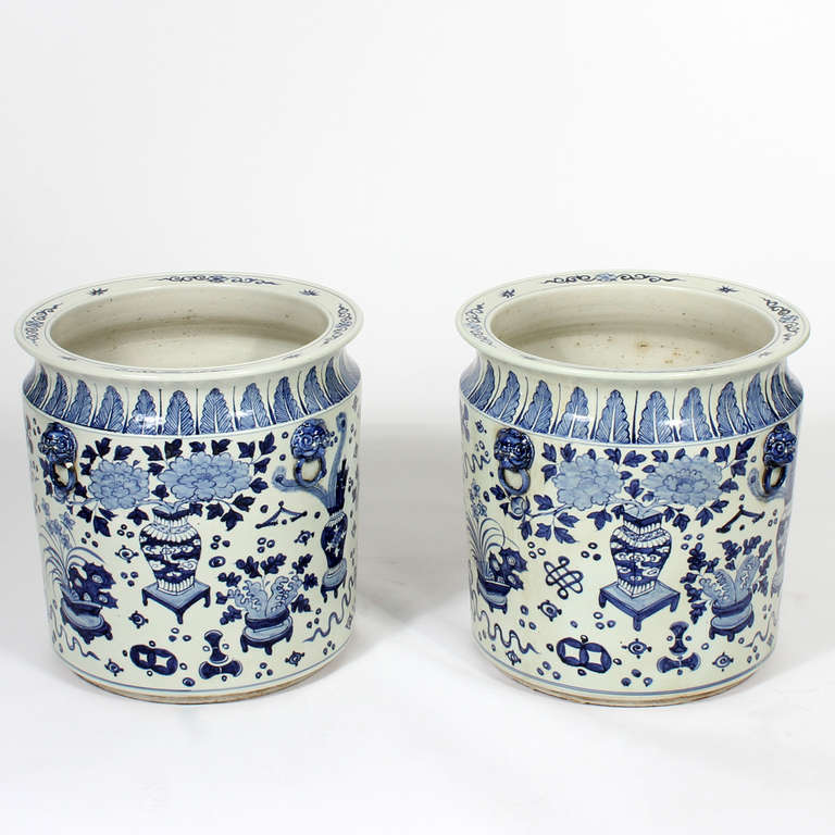 Pair of Large Chinese Export Style Blue and White Jardinieres or Planters In Excellent Condition In Palm Beach, FL