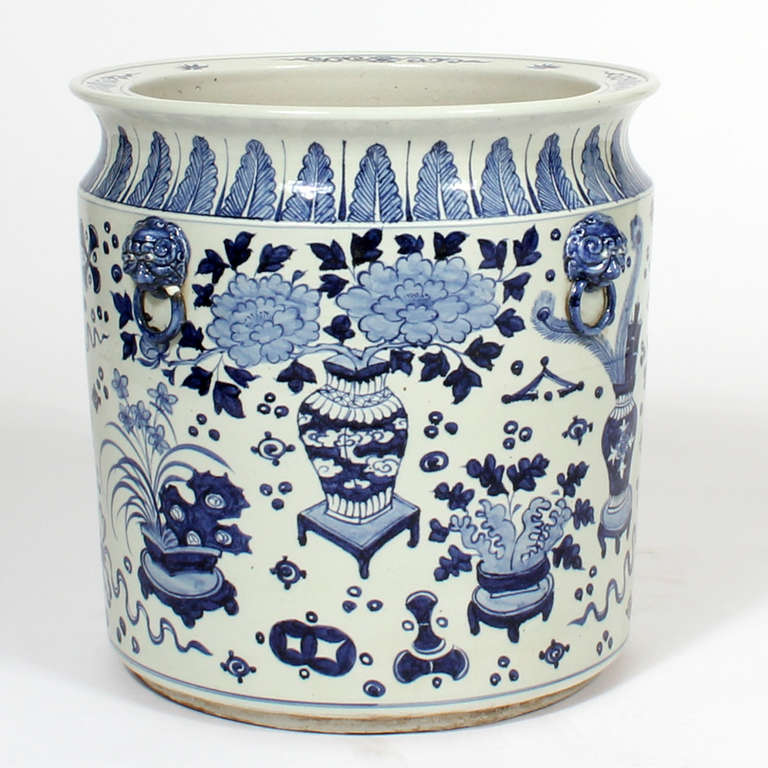 Mid-20th Century Pair of Large Chinese Export Style Blue and White Jardinieres or Planters