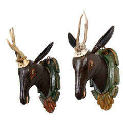 Pair of Painted Wood Stag Heads with Real Antlers