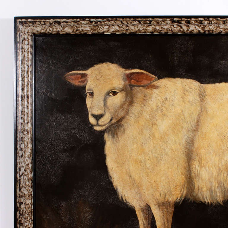 A very large oil painting of a sheep by William Skilling. Original painted frame. Sitting large on the canvas, the sheep is very charming with an almost humorous expression on his face.
Some crackelature noticeable on the background, which adds to