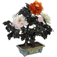 Mid Century Large Chinese Hardstone Flowering Tree in a Cloisonne Base