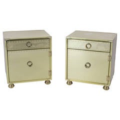 Pair of Mid-Century Brass-Plated Campaign Style Nightstands or End Tables