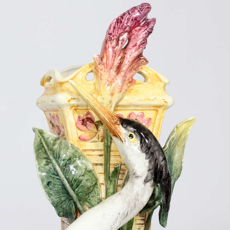 Pair of Rare Large Majolica Bird - Stork, Heron or Crane Vases In Excellent Condition In Palm Beach, FL