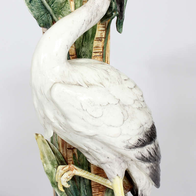 20th Century Pair of Rare Large Majolica Bird - Stork, Heron or Crane Vases