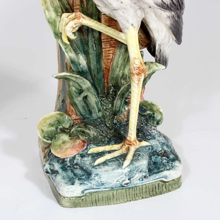 Pair of Rare Large Majolica Bird - Stork, Heron or Crane Vases 1