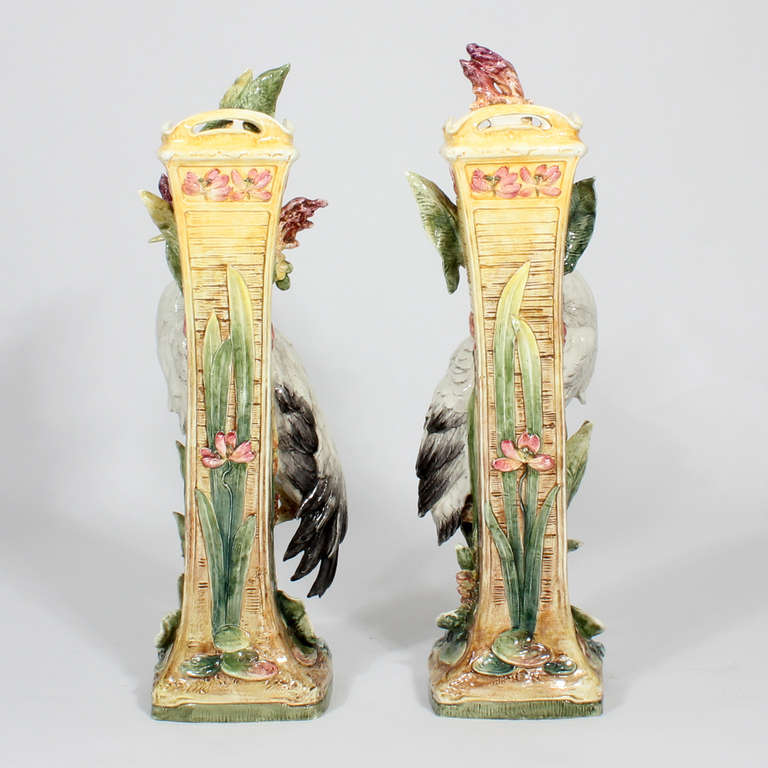 Pair of Rare Large Majolica Bird - Stork, Heron or Crane Vases 2