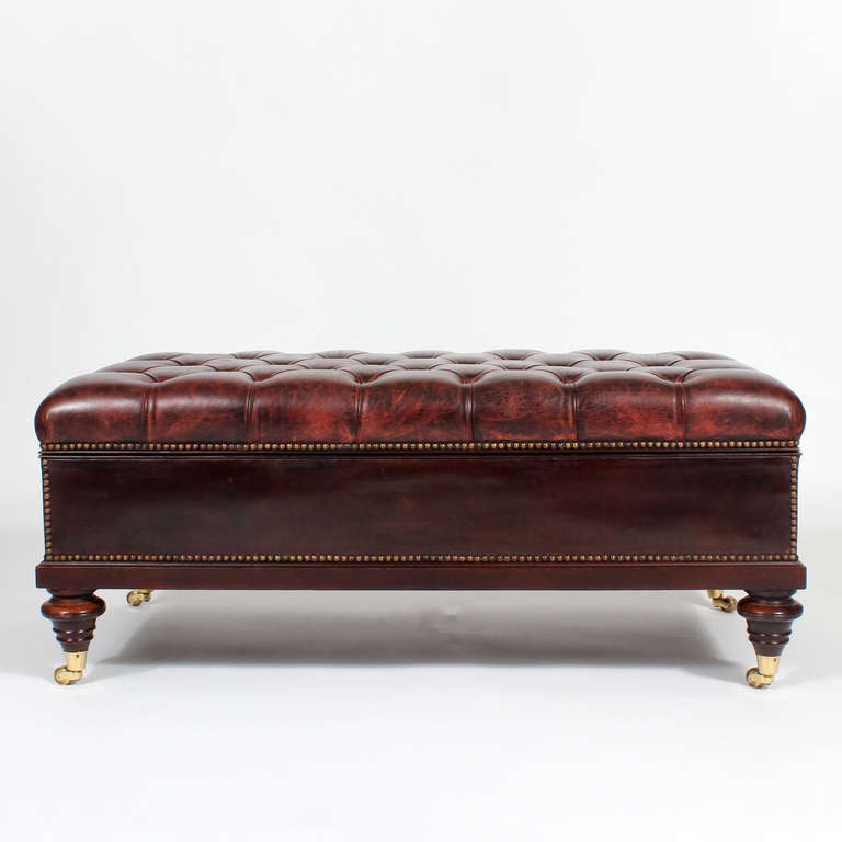 Late 19th C. Tufted and Leather Covered British Colonial Style Storage Ottoman In Excellent Condition In Palm Beach, FL