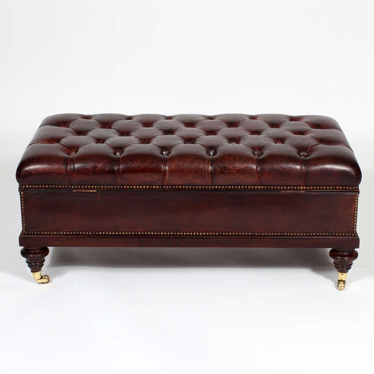 English Late 19th C. Tufted and Leather Covered British Colonial Style Storage Ottoman