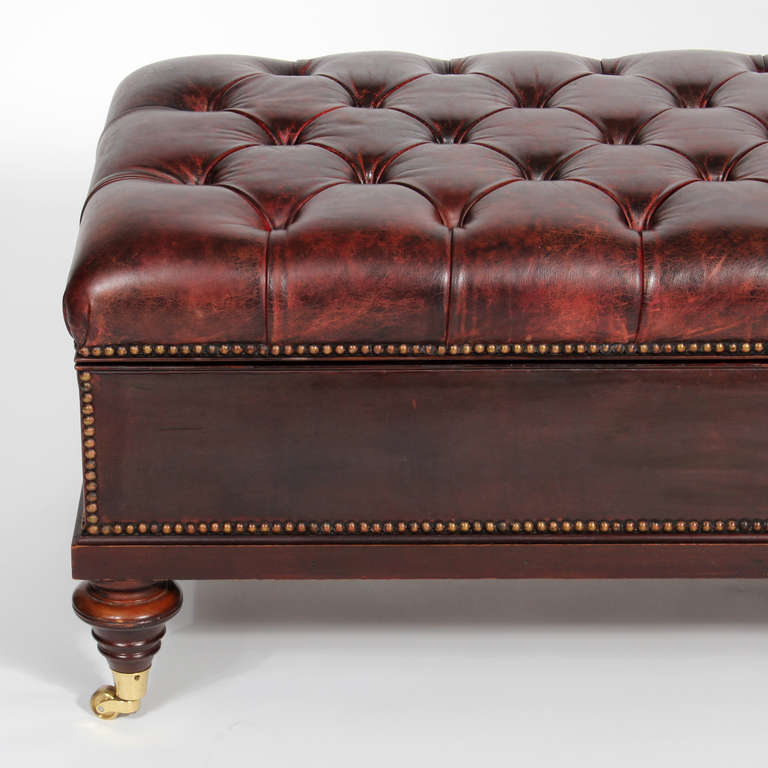 19th Century Late 19th C. Tufted and Leather Covered British Colonial Style Storage Ottoman