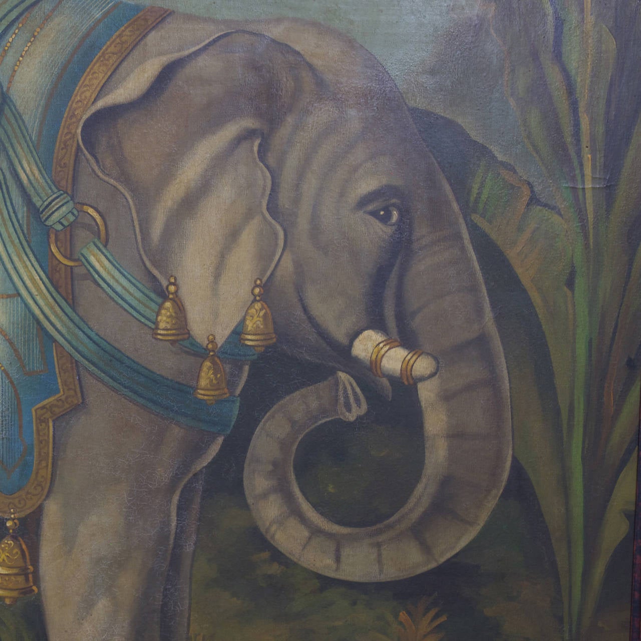 Large, oil on canvas painting, with great folk appeal, of a proud elephant decked out in fancy colorful attire and ready for adventure. Profiled in a tropical setting, set against a blue sky. Signed Skilling on the lower right. Original painted