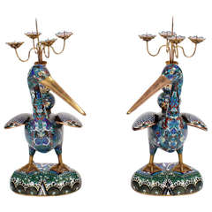 Pair of Large and Impressive Cloisonne Duck Form Candelabra