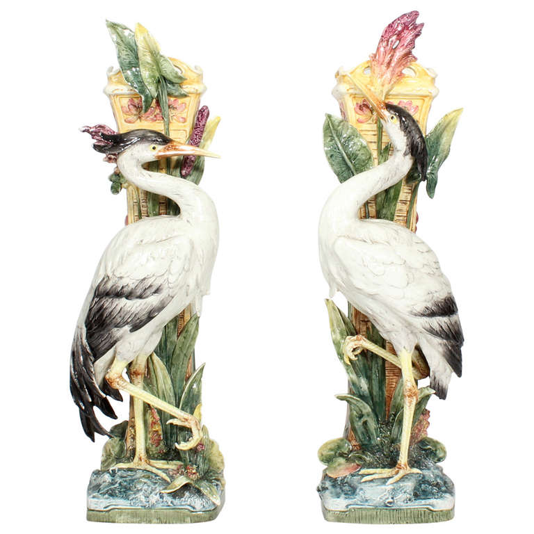 Pair of Rare Large Majolica Bird - Stork, Heron or Crane Vases