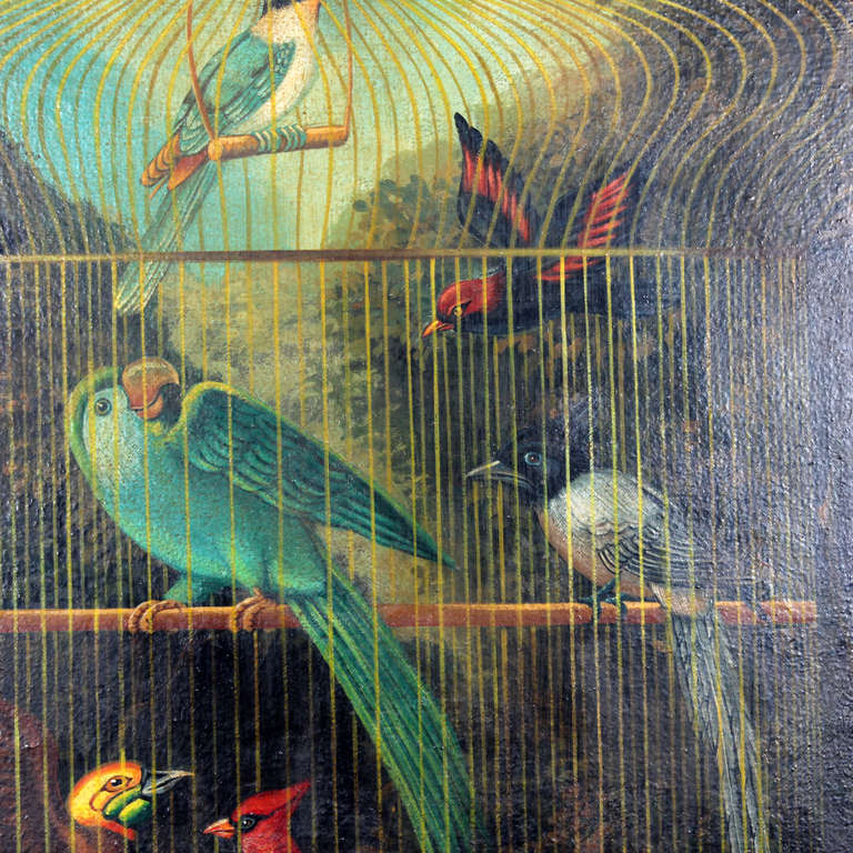 20th Century Charming Oil on Canvas Painting of Caged Birds, by William Skilling