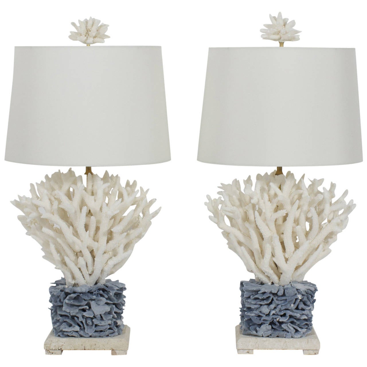 Pair of Blue and White Coral Lamps on Coquina Stone Bases at 1stDibs