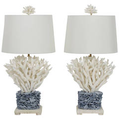 Pair of Blue and White Coral Lamps on Coquina Stone Bases