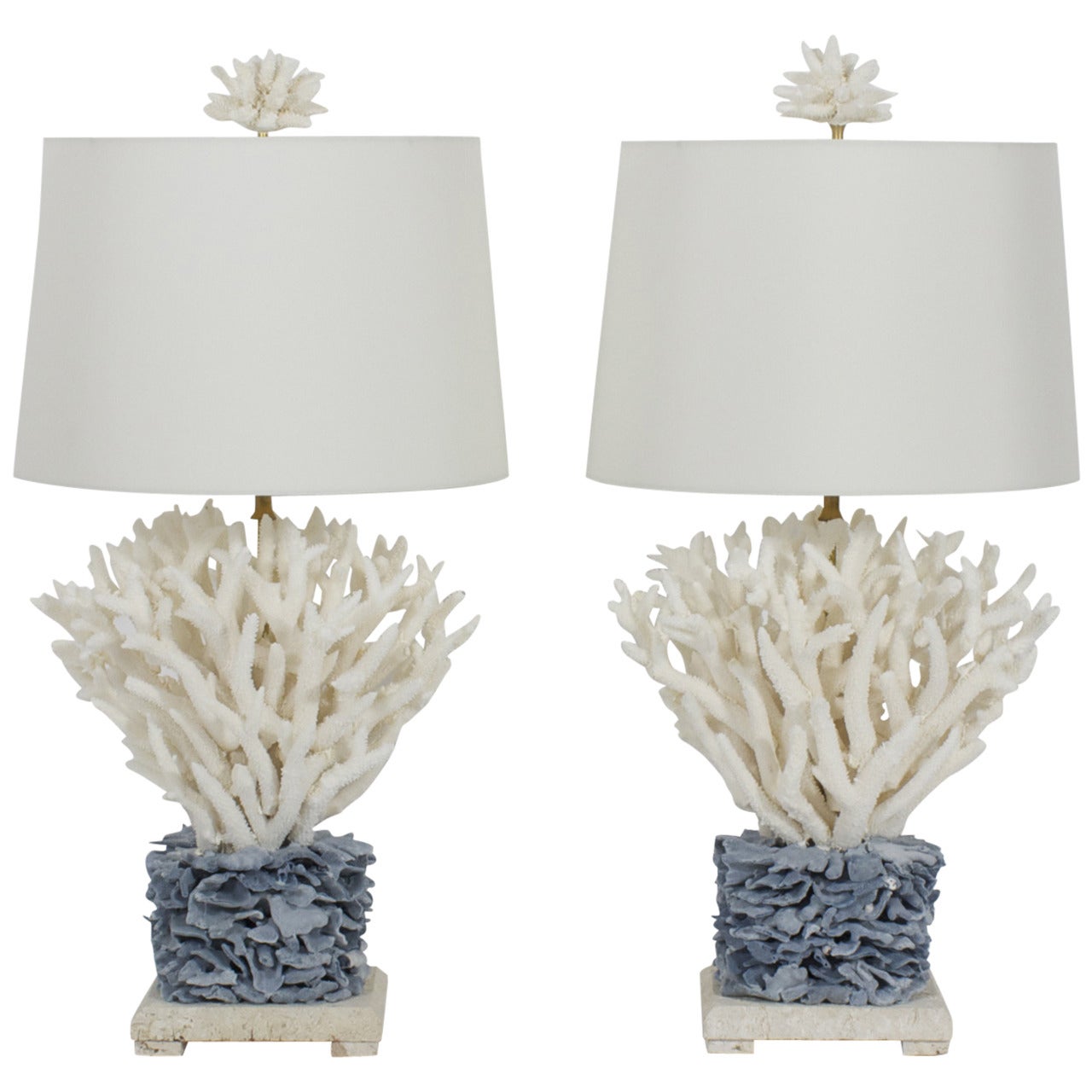 Pair of Blue and White Coral Lamps on Coquina Stone Bases