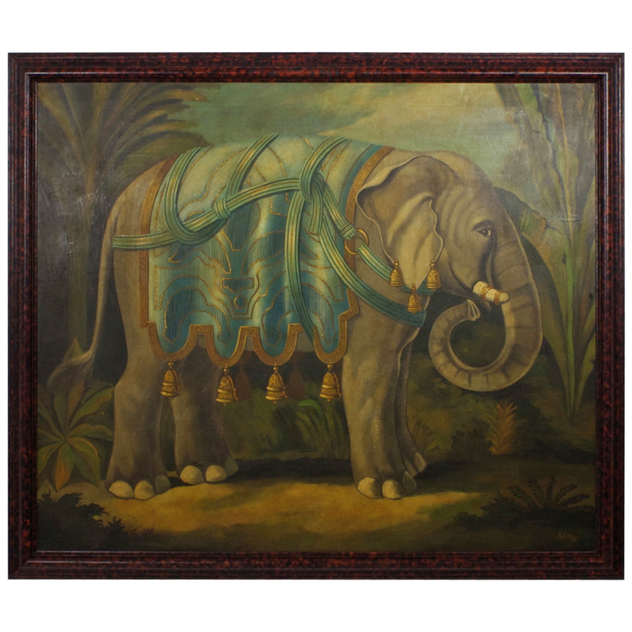 Large Oil on Canvas Painting of an Attired Elephant Signed Skilling