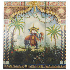 Vintage Elephant and Rider in Palm Trees with Elaborate Borders, Three-Part Wood Panels