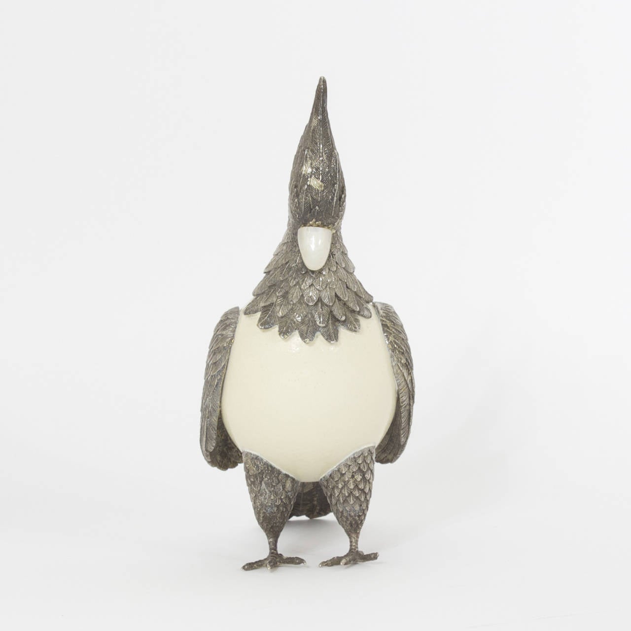 20th Century Silvered Metal Bird with Ostrich Egg Body
