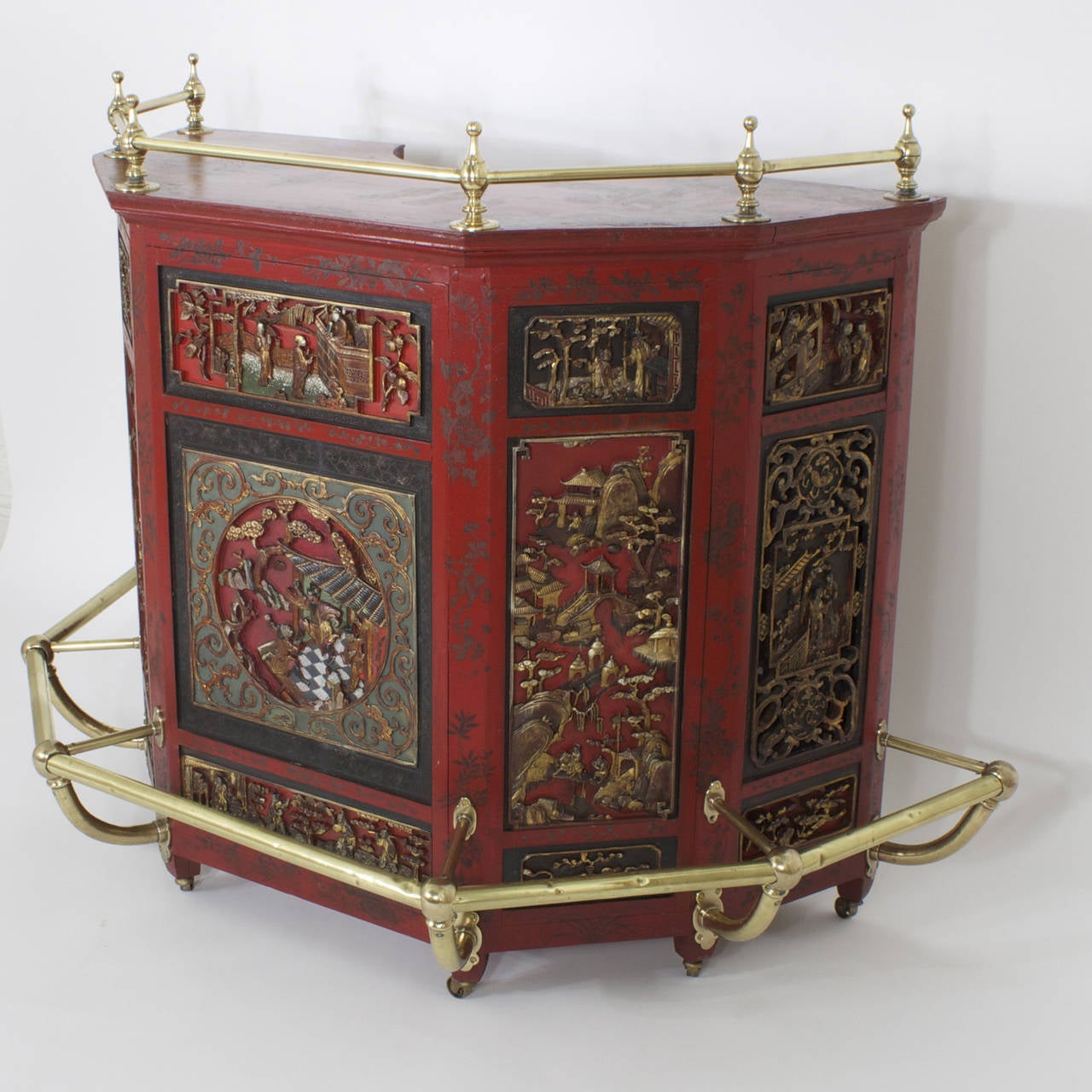 Chinoiserie Early to Mid 20th C. Carved Wood and Lacquer Stand Up Chinese Bar