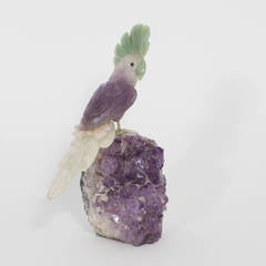 Amusing Hardstone Parrot Perched on an Amethyst Geode