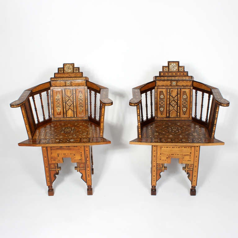 Moorish Pair of Early 20th Century Syrian Barrel Back Armchairs