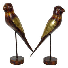 Pair of Carved Wood Parrots with Brass Details