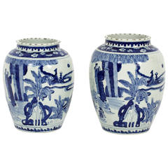 Pair of Chinese Export Blue and White Vases with Scenes