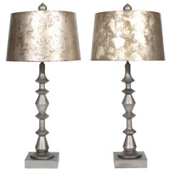 Pair of Mid-Century Modern Geometric Shaped Silver Lamps and Shades
