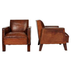 Antique Pair of Leather Art Deco Club Chairs
