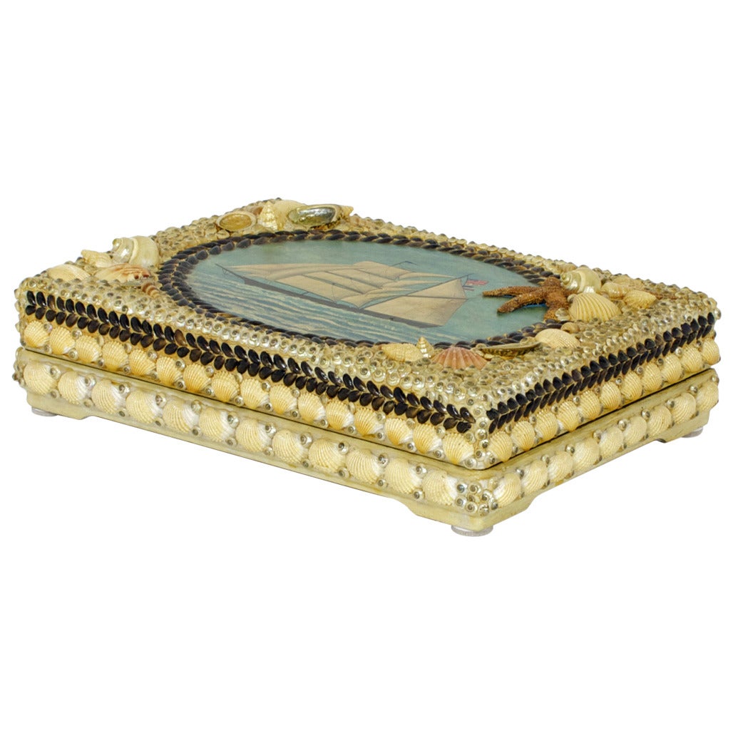 Fanciful Shell Covered Box with Marine Painting at 1stDibs