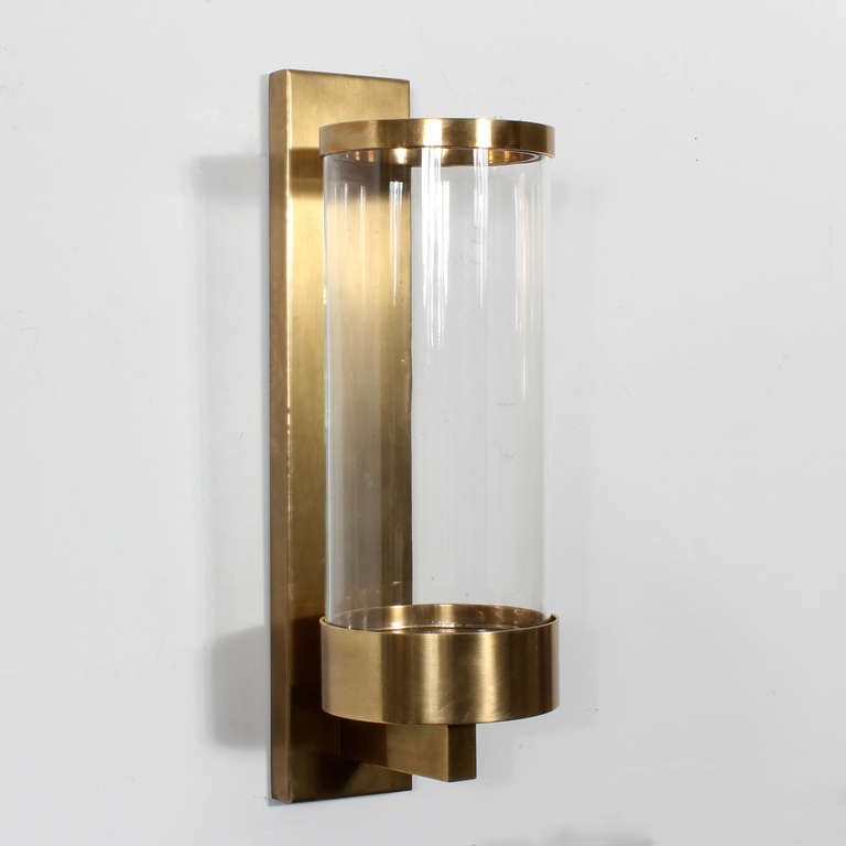 American Pair of Modern Cylinder Glass and Brass Wall Sconces