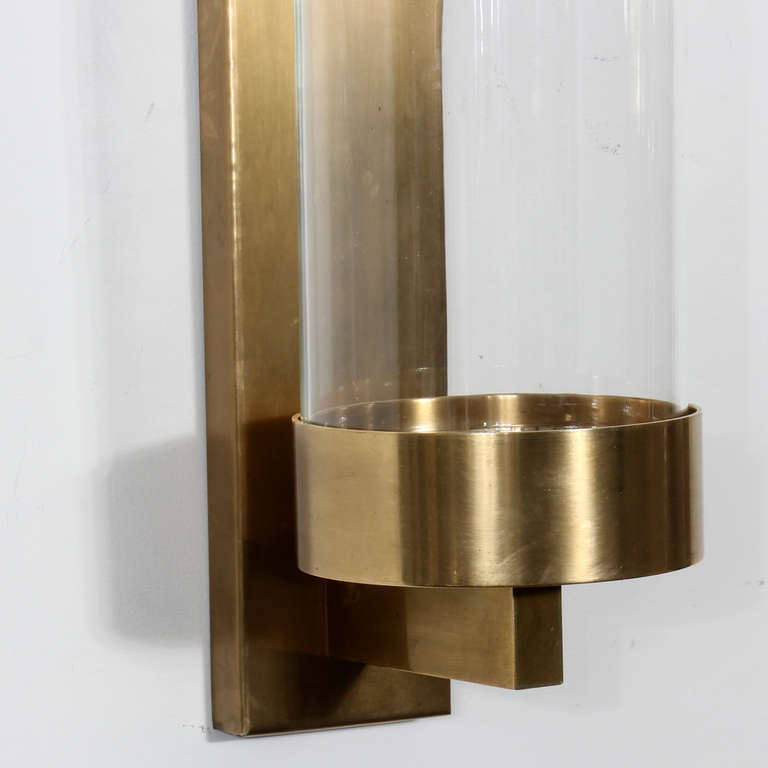 Pair of Modern Cylinder Glass and Brass Wall Sconces 1