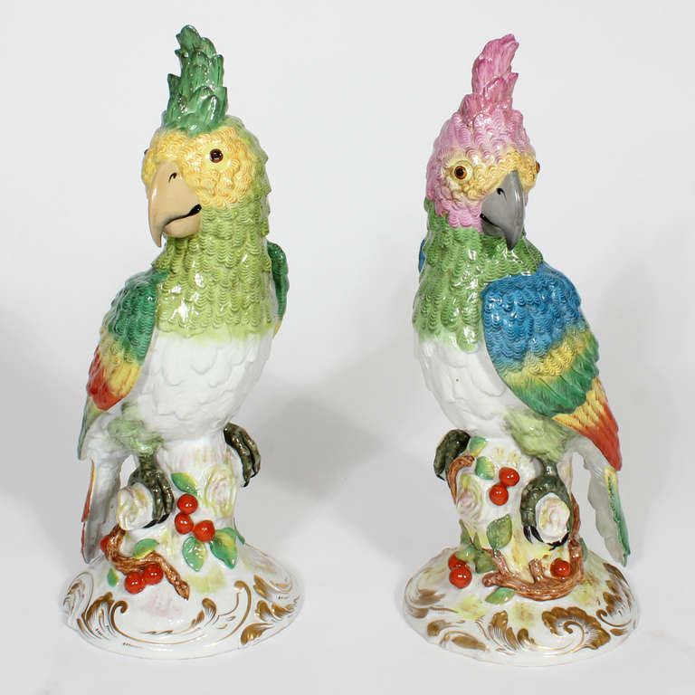 A pair of stunning, large and extremely decorative parrots, glazed with light and happy tropical colors, perched on tree stumps with cherry decorations. Signed with crossed arrows. Probably German. Professional crack repairs.
Green Parrot Measures
