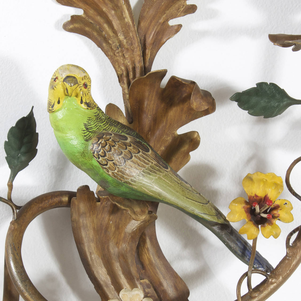 Amusing Pair of Painted Italian Tole Parakeet Sconces‏ In Excellent Condition In Palm Beach, FL