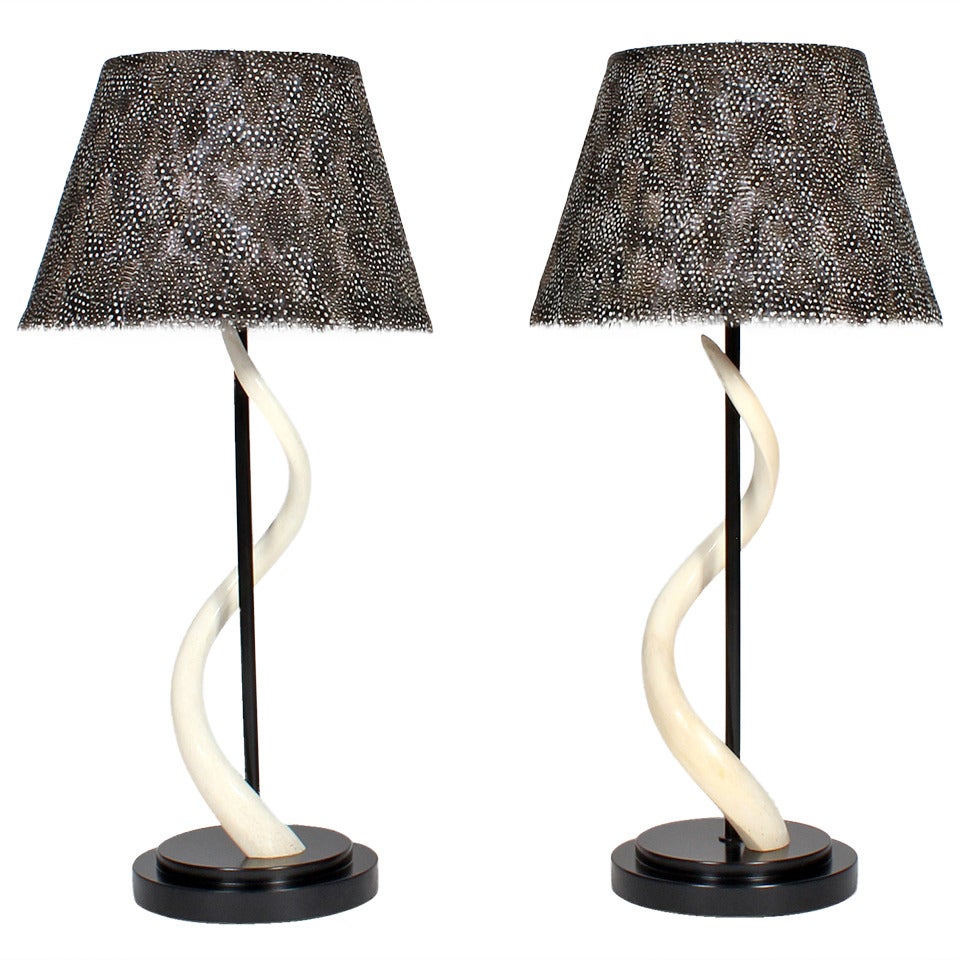 Pair of Kudu Horn Table Lamps with Feather Lamp Shades