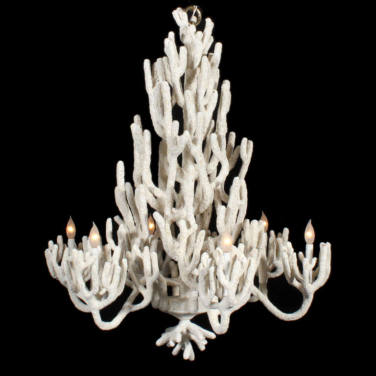 A fantastic sculptural faux coral chandelier, with six arms, fabulous custom design, hand made and sculptured in the extreme. Hand-cut and hand welded copper covered with a hand-sculpted faux coral surface. This chandelier is so impressive in size