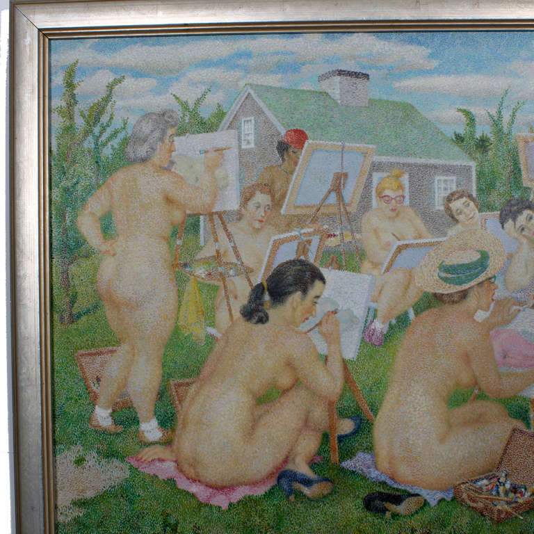 An oil on canvas pointillism painting of a naked women art class on Cape Cod. Signed by George Durant and dated '52, this is not a subject matter normally associated with the early 1950s. A wonderful study of female shapes, sizes, and ages. The