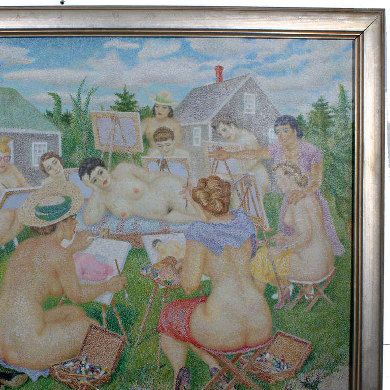 Mid-20th Century Oil on Canvas Pointillism Painting of Naked Women For Sale