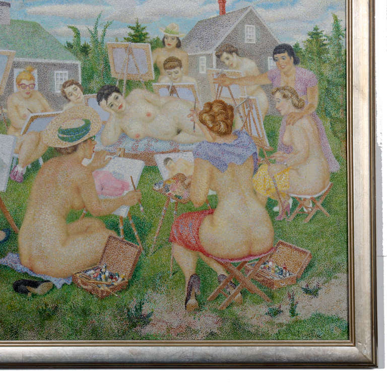 Oil on Canvas Pointillism Painting of Naked Women In Excellent Condition For Sale In Palm Beach, FL