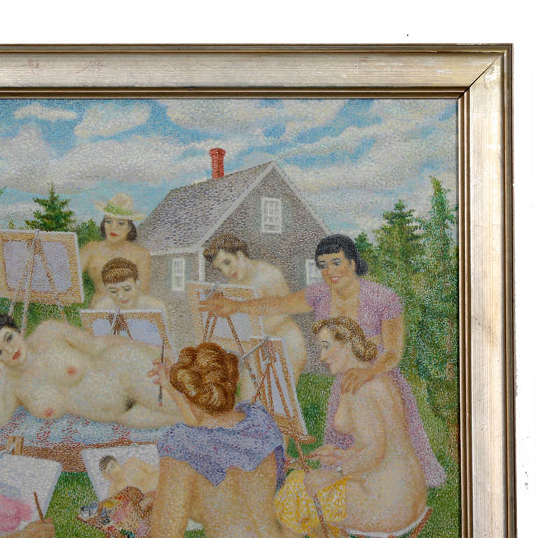 American Oil on Canvas Pointillism Painting of Naked Women For Sale