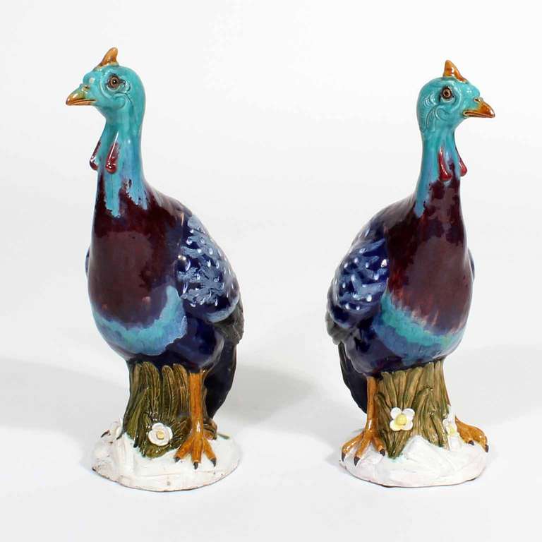 Folk Art Pair of Large Terracotta, Guinea Fowls