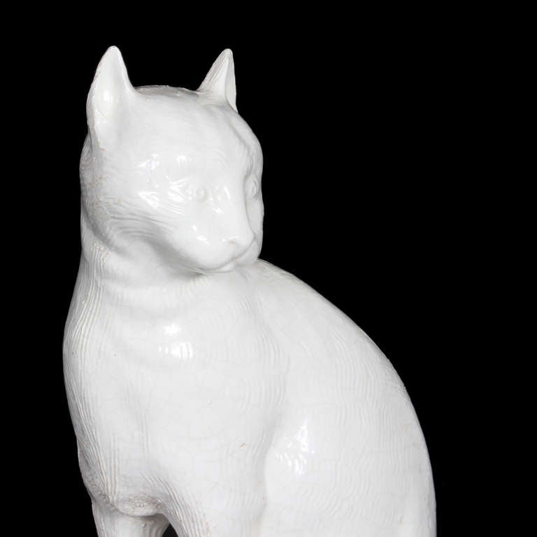 Tall Pottery or Porcelain Seated Cat on Base In Excellent Condition In Palm Beach, FL