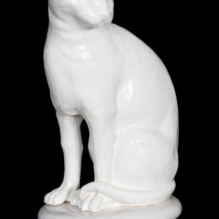 Mid-20th Century Tall Pottery or Porcelain Seated Cat on Base