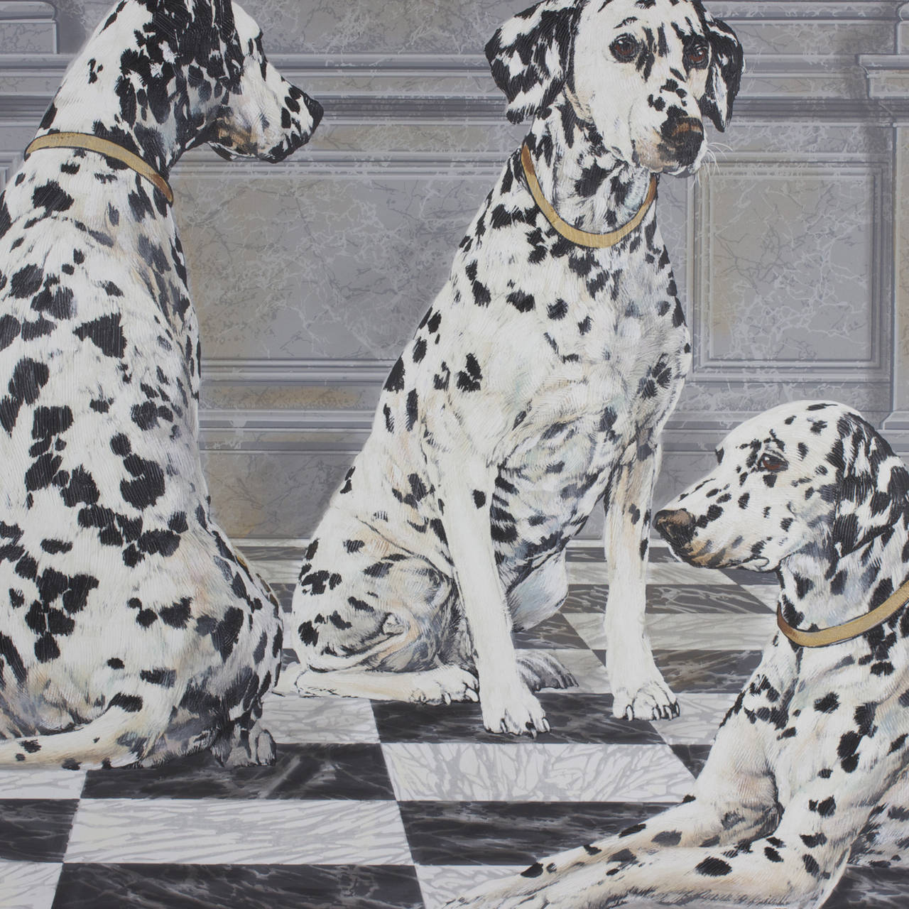 This Dalmatian painting has a modernist approach to an age old tradition of pet dogs in paintings. A giant painting on canvas of three Dalmatians in a Gustavian palette while touching on several influences. The dogs have an added technic of texture