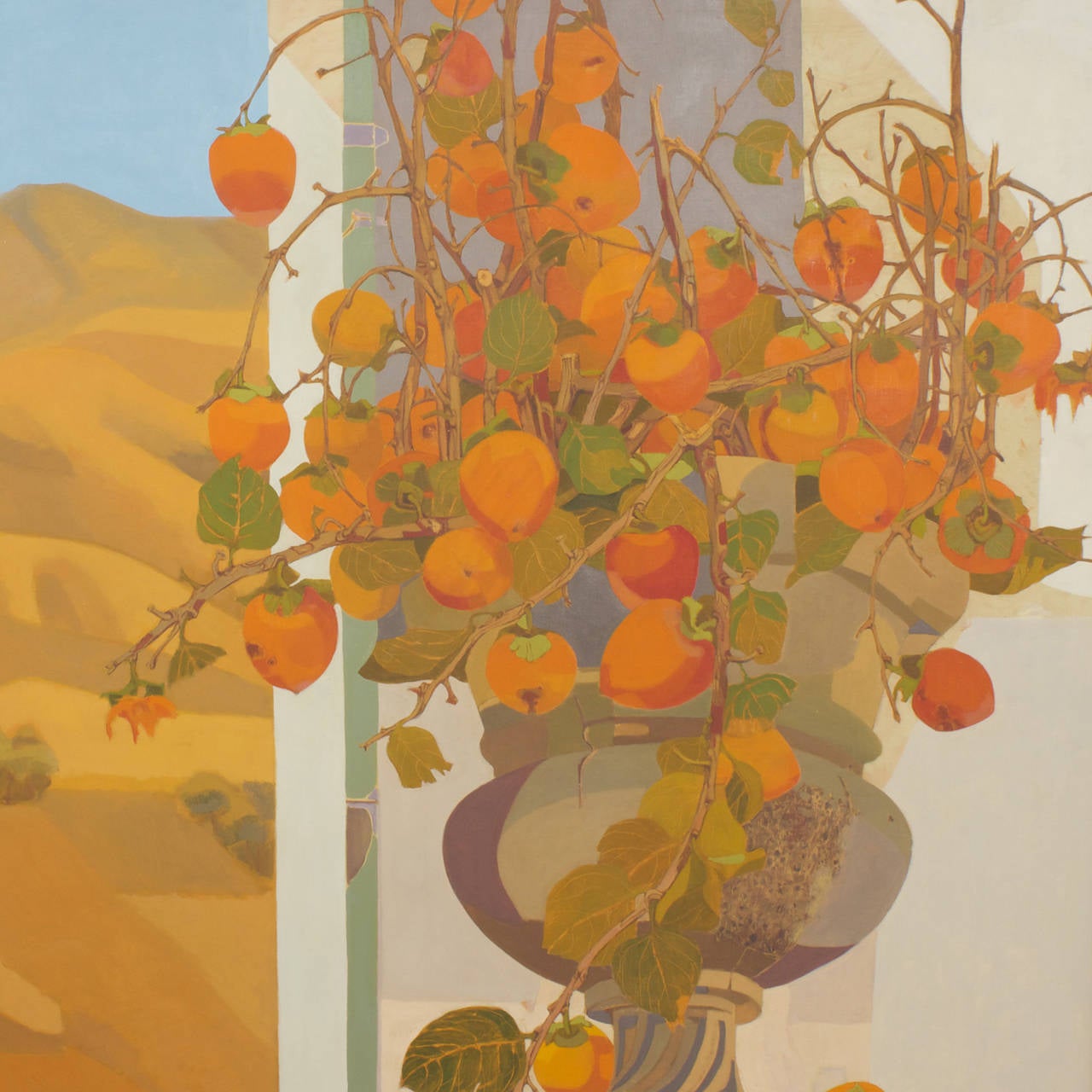 Here is a large modern painting that exudes positive vibrations and wraps itself around you like a hug. A simple still life with great presence and luscious warm colors, tells a story of a time and place without any complications. The fruit seems to