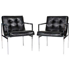 Pair of Tufted Black Leather Nickel Plated Arm Chairs