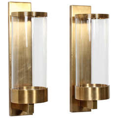 Pair of Modern Cylinder Glass and Brass Wall Sconces