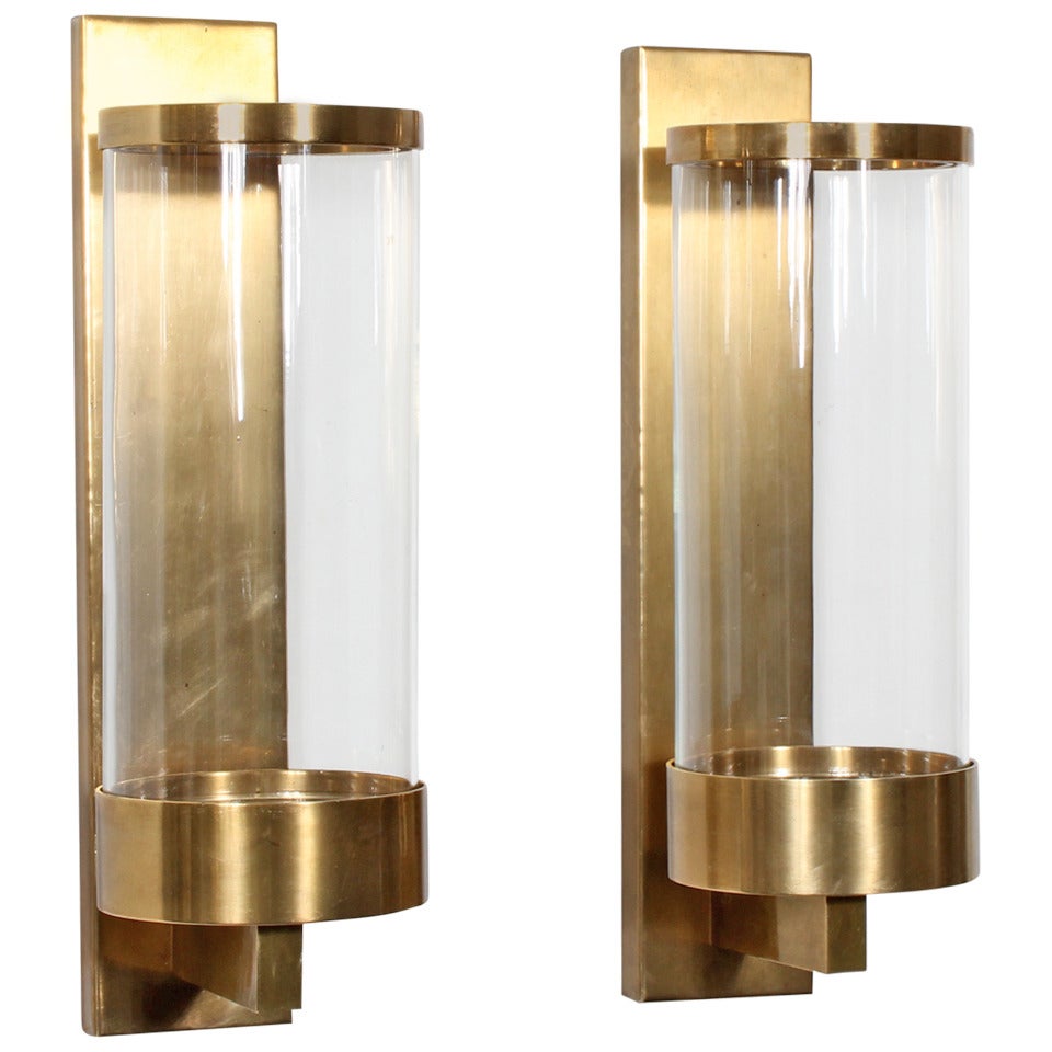 Pair of Modern Cylinder Glass and Brass Wall Sconces